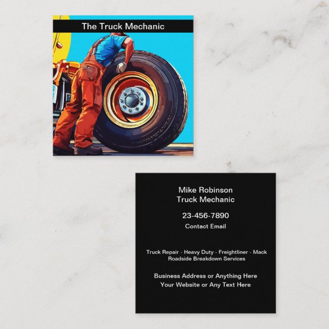 Truck Repair Mechanic And Roadside Assistance Square Business Card (Front/Back)