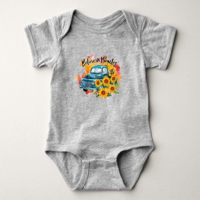 Truck & Sunflowers Believe In Miracles Baby Bodysuit (Front)