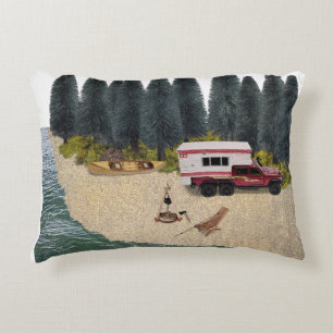Truck with Camper in the Forest River Camping Spot Decorative Cushion