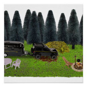 Truck with Camper in the Woods Cleared Camping Spo Poster