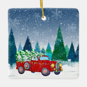 Truck with Christmas Tree in Christmas Farm Ceramic Ornament