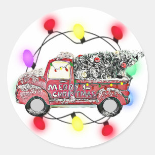 Truck with Christmas Tree Lights and Tree Classic Round Sticker