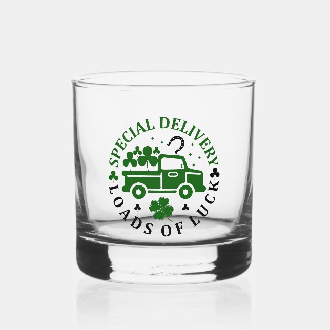 Truck with clovers St. Patricks Day Whiskey Glass (Front)