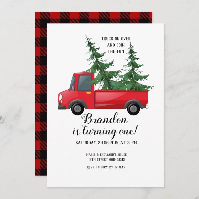 Truck Wood Red Plaid First Birthday Invitation (Front/Back)