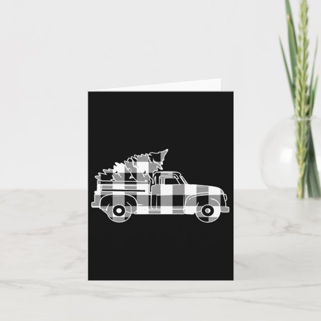 Truck Xmas Tree Black &amp; White Buffalo Plaid Me Card (Front)
