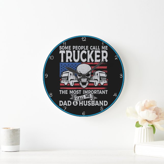 Trucker, Dad, Husband, American Skull Large Clock (Home)