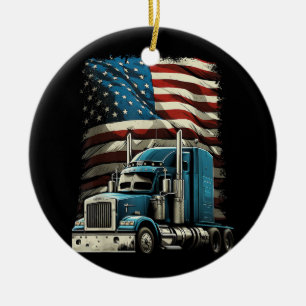 Trucker US American Flag For Patriotic Truck Drive Ceramic Ornament
