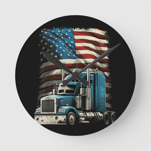 Trucker US American Flag For Patriotic Truck Drive Round Clock (Front)