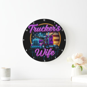 Trucker's Wife: Neon Flag Glow Large Clock