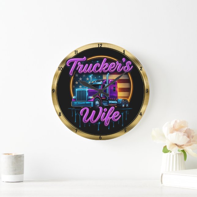 Trucker's Wife: Neon Flag, Gold Rim Large Clock (Home)