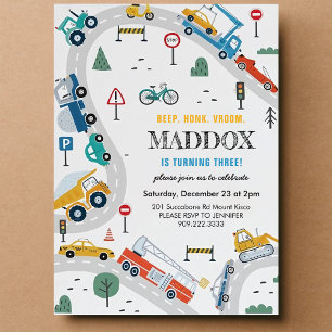 Trucks and Cars Transportation Birthday Invitation