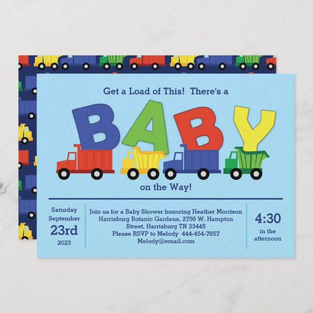 Trucks Baby Shower Dump Truck Boy Invitation (Front/Back)