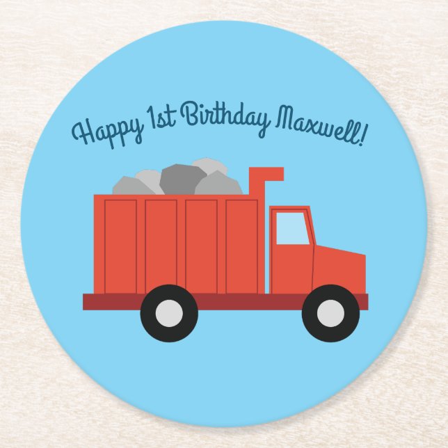 Trucks Birthday Party Round Paper Coaster (Front)