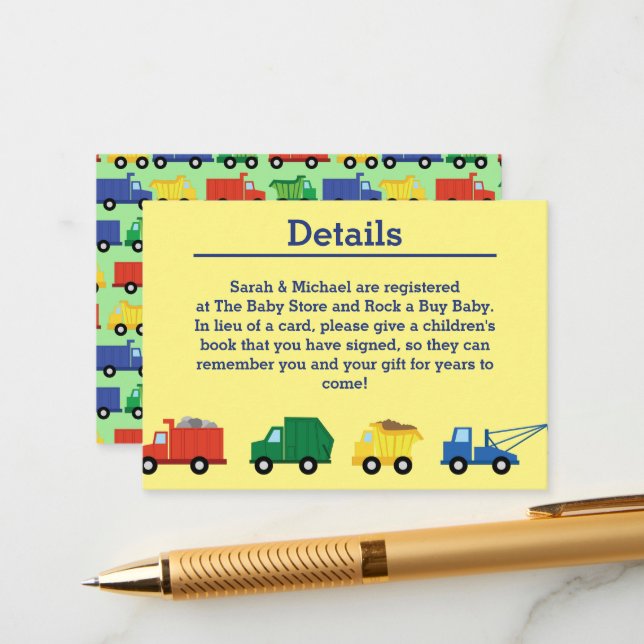 Trucks Boy Baby Shower Construction Cute Enclosure Card (Front/Back In Situ)