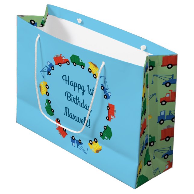 Trucks Cars Cute 1st Birthday Party Theme Large Gift Bag (Front Angled)