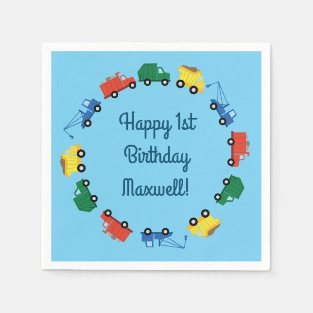 Trucks Cars Cute 1st Birthday Party Theme Napkin (Front)