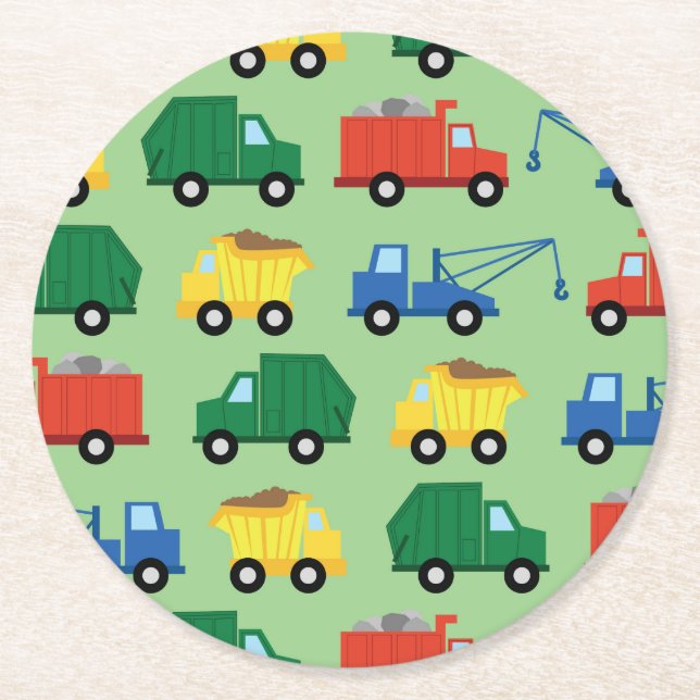 Trucks Cars Cute 1st Birthday Party Theme Round Paper Coaster (Front)