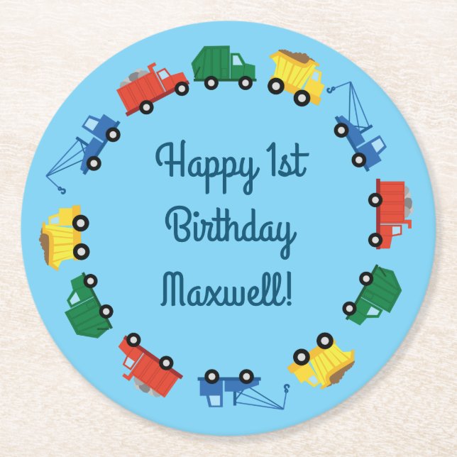 Trucks Cars Cute Boy Kids Birthday Party Theme Round Paper Coaster (Front)