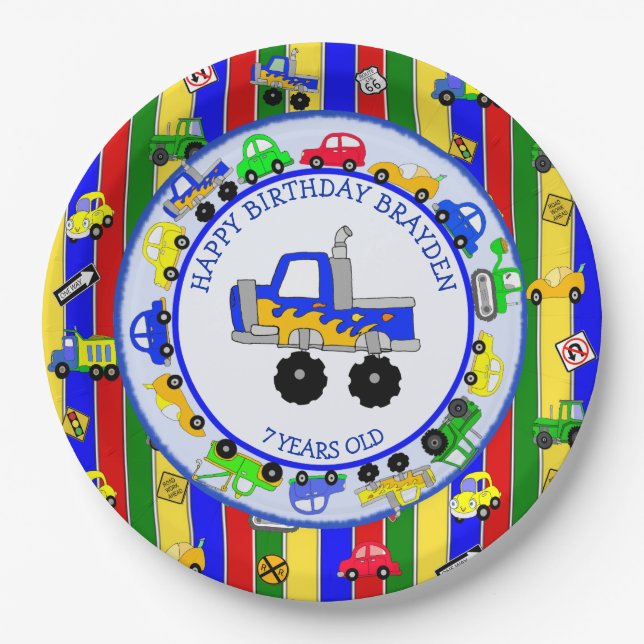 Trucks, Cars, Tractors and Traffic Signs Birthday Paper Plate (Front)