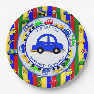 Trucks, Cars, Tractors and Traffic Signs Birthday Paper Plate