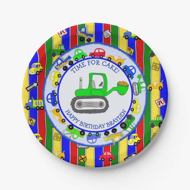 Trucks, Cars, Tractors and Traffic Signs Birthday Paper Plate (Front)