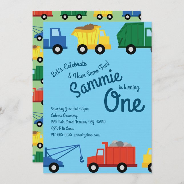 Trucks Colourful 1st Birthday Invitations (Front/Back)