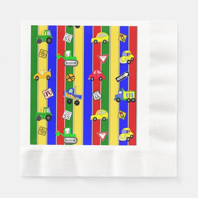 Trucks, Tractors, Cars and Traffic Signs Birthday Napkin (Front)