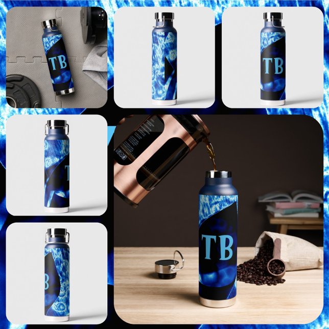 True Blue Edgy Abstract Personalised Initials Water Bottle (Creator Uploaded)