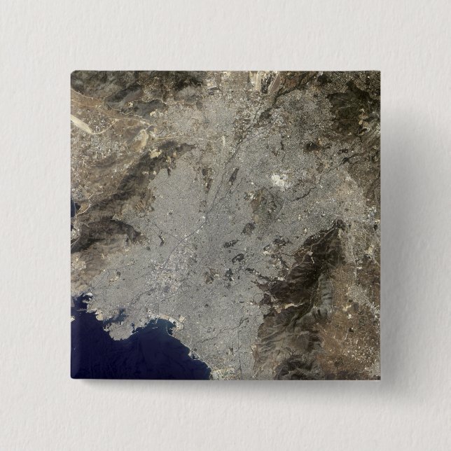 True-colour satellite view of central Athens 15 Cm Square Badge (Front)