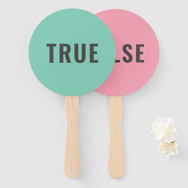 True False Game | Modern Pastel Green Pink Hand Fan (Front and Back)