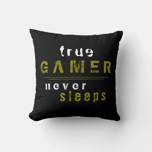 True Gamer never Sleeps Typography Black Gamer Cushion (Front)