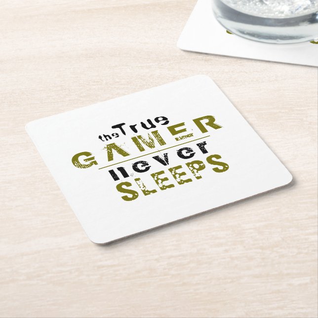 True Gamer Never Sleeps Typography Gamer  Square Paper Coaster (Angled)