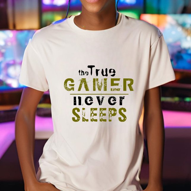 True Gamer Never Sleeps Typography Gamer T-Shirt (Creator Uploaded)