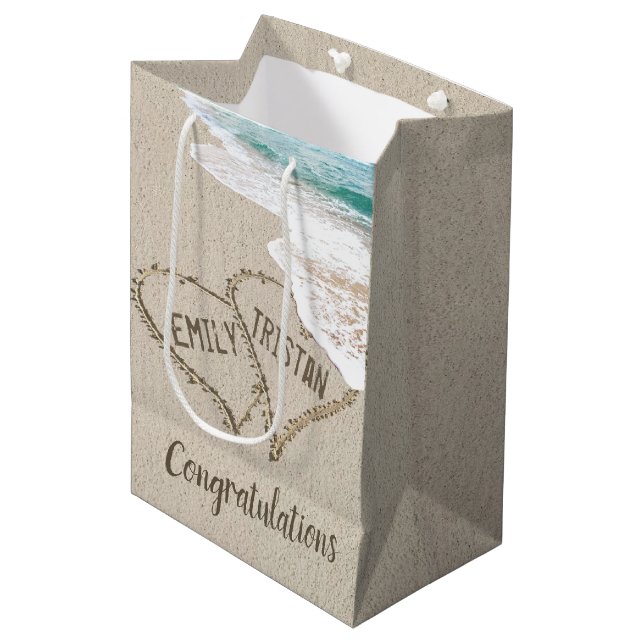 True Love Beach Hearts with Names Medium Gift Bag (Front Angled)