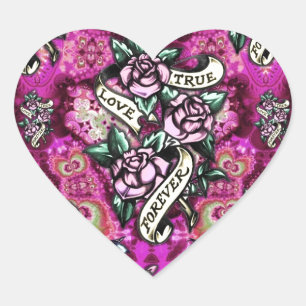 True Love Forever Psychedelic roses and banners. Heart Sticker