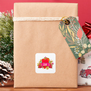 True Love Heart Ribbon with Floral Elements Square Sticker