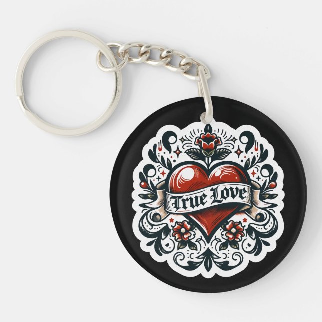 True Love Heart Tattoo Sticker Style Artistic  Key Ring (Front)