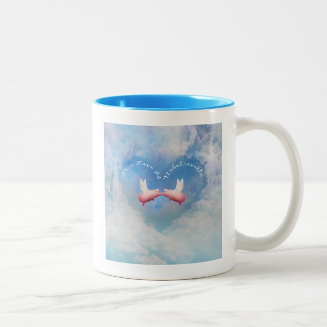True Love Is Unbelievable-Flying pigs kissing Two-Tone Coffee Mug (Right)