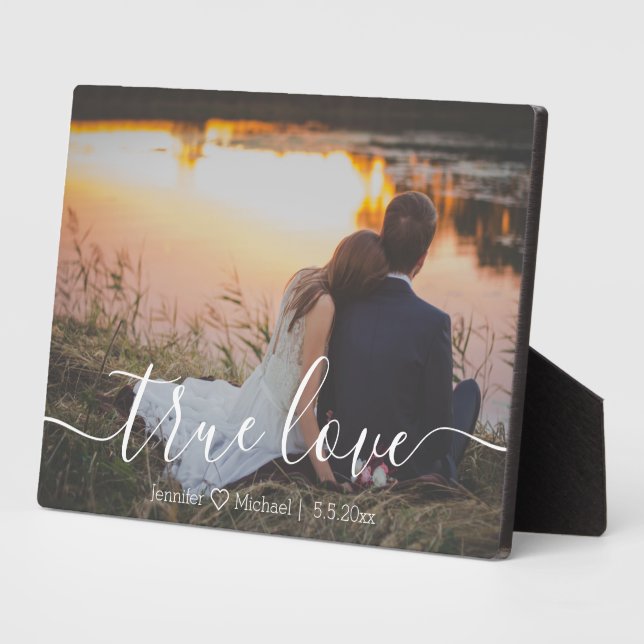 true love,minimal script wedding anniversary photo plaque (Side)