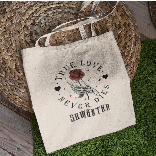 True Love never Dies Valentine Skeleton Monogram Tote Bag (Creator Uploaded)