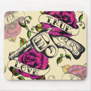 True Love Pistol and Roses artwork, pink & yellow Mouse Pad