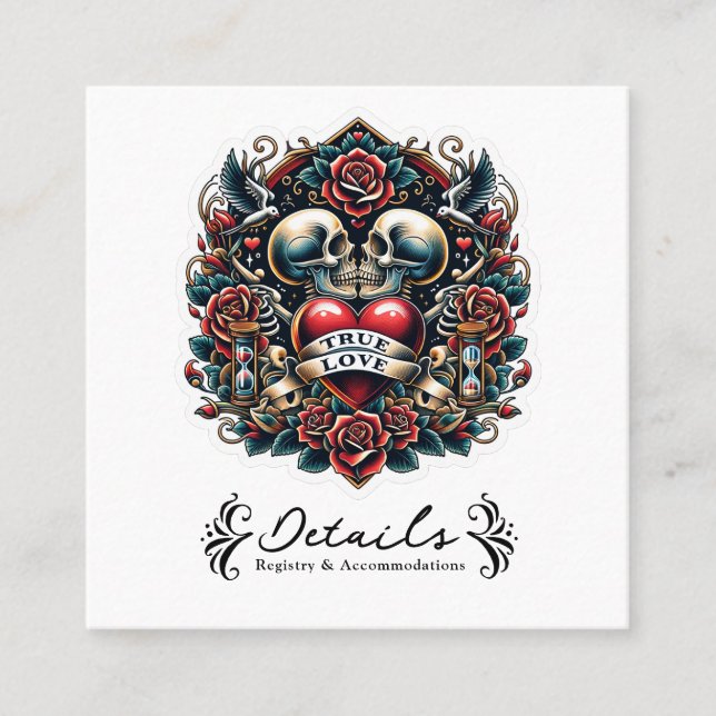 True Love Skeleton Heart Tattoo Wedding Details Square Business Card (Front)