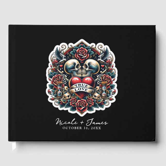 True Love Skeleton Heart Tattoo Wedding Guest Book (Front)