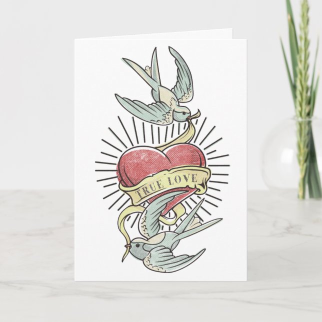 True Love | Vintage Tattoo Birds with Heart Card (Front)