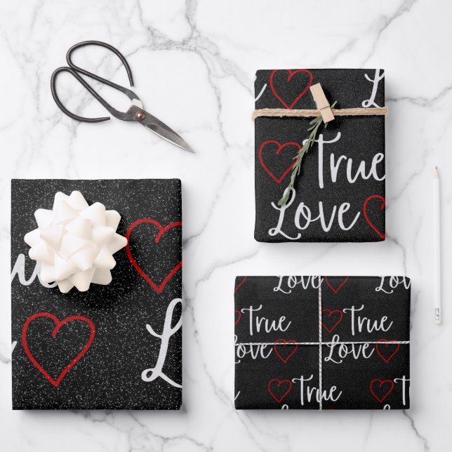 True Love White Glitter Valentine's Wrapping Paper Sheet (Front)