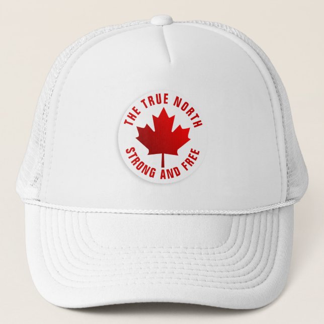 True North Strong and Free Red Maple Leaf Trucker Hat (Front)