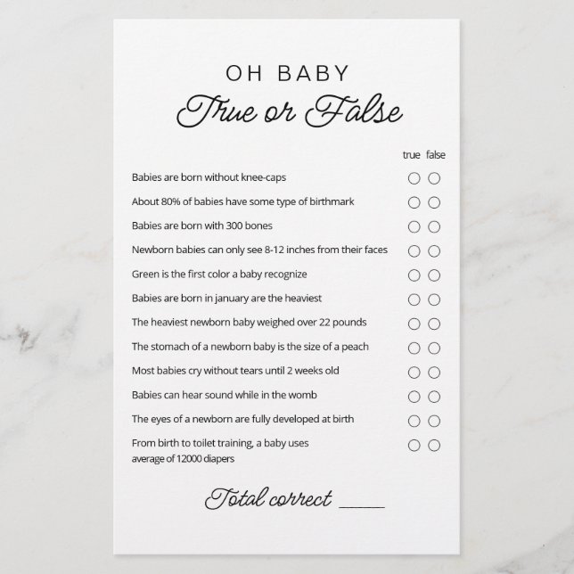 True or False Game Baby Trivia game with Answers (Front)