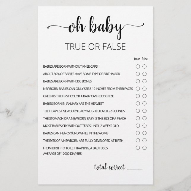 True or False Game Baby Trivia game with Answers (Front)