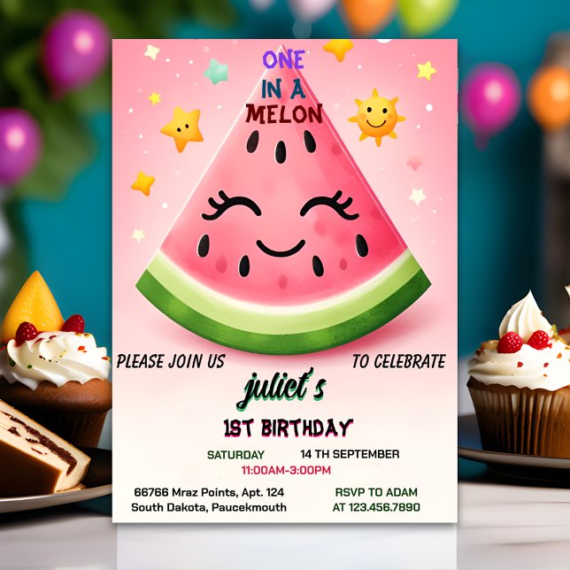 true pink summer one in a melon first 1st birthday invitation (Creator Uploaded)
