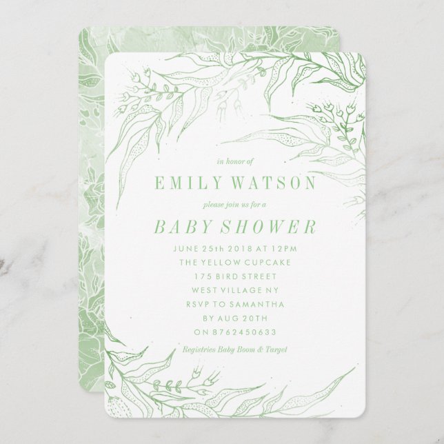 True Romance Green Floral Frame Baby Shower Invitation (Front/Back)
